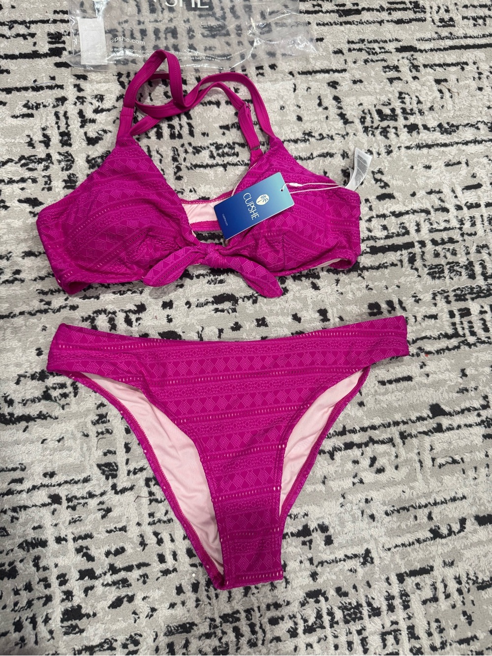 Cupshe Hot Pink Textured Tie-Front Bikini Set